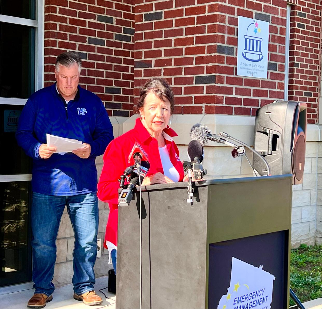 Maury County Mayor Shiela Butt speaks at Fire Station No. 3 on Thursday, May 9, 2024 following Columbia's first day of recovery after Wednesday's damaging storms, which resulted in a tornado, many homes destroyed and one fatality.