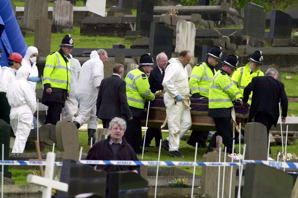 The coffin of Joseph Kappen is carried by Police officers to a waiting hearse at Goytre Cemetry near Port Talbot, South Wales. A police operation to exhume the body of a suspected serial killer has taken longer than expected.   * Detectives believe that the former nightclub bouncer raped and strangled teenage friends Geraldine Hughes and Pauline Floyd, both 16, in woods at Llandarcy, near Neath, in 1973.  06/06/02 Police investigating the murders of three teenaged girls almost 30 years ago said today that they believed the trio were all killed by Kappen, whose body was exhumed last month. DNA samples taken from the remains of former nightclub bouncer Kappen  who was a suspect in the murder of friends Pauline Floyd and Geraldine Hughes in September 1973 and Sandra Newton in July 1973  matched crime scene samples taken from the three 16-year-old victims, police said.   (Photo by Barry Batchelor - PA Images/PA Images via Getty Images)