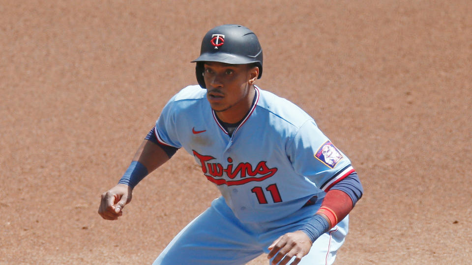 Minnesota Twins' Jorge Polanco takes a lead at first base against the Cleveland Indians in a baseball game Sunday, Aug. 2, 2020, in Minneapolis. (AP Photo/Jim Mone)