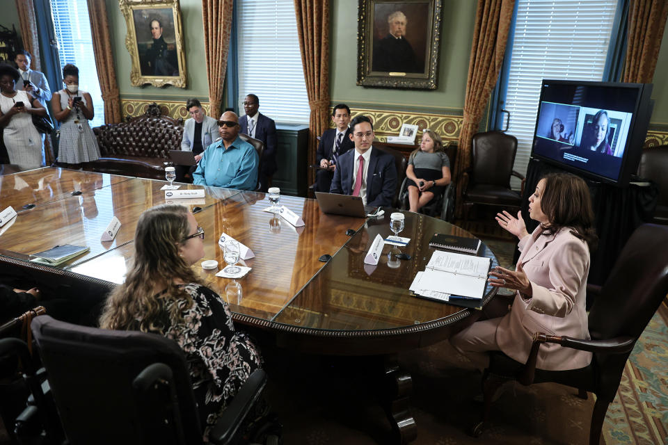 Vice President Kamala Harris meets with disabilities advocates in the Vice President's Ceremonial Office in Washington, D.C., on July 14, 2021.<span class="copyright">Oliver Contreras—Pool/Sipa USA/AP</span>