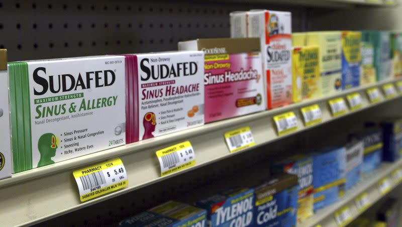 Sudafed and other common nasal decongestants containing pseudoephedrine are on display behind the counter at Hospital Discount Pharmacy in Edmond, Okla., Jan. 11, 2005. On Tuesday, Sept. 12, 2023, advisers to the Food and Drug Administration said that a different ingredient, phenylephrine, is ineffective at relieving nasal congestion. Drugmakers reformulated their products with phenylephrine after a 2006 law required pseudoephedrine-containing medications be sold from the behind pharmacy counter.