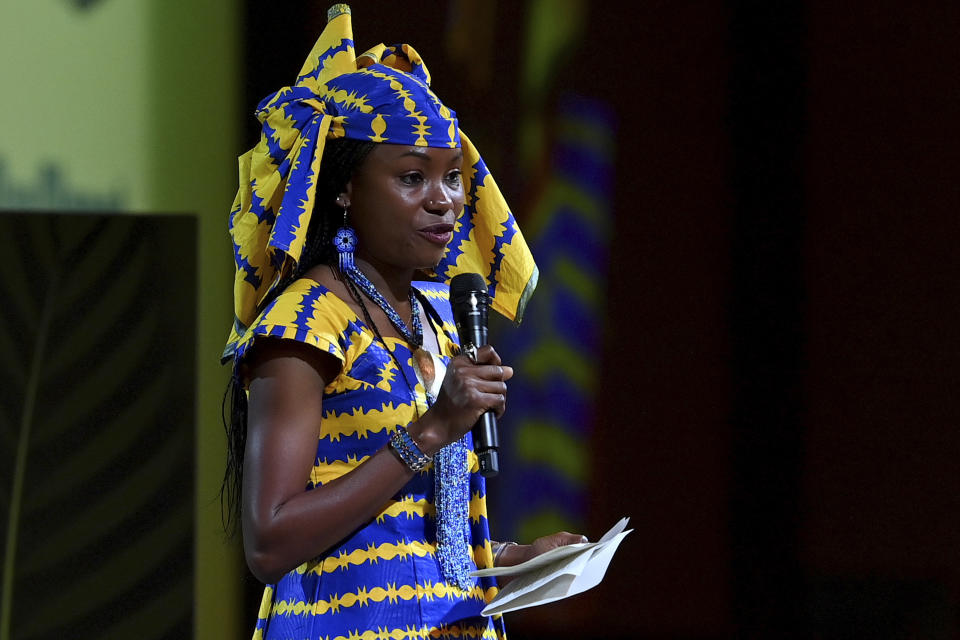 President of the Association for Indigenous Women and Peoples of Chad (AFPAT), Hindou Oumarou Ibrahim speaks during a session on Action on Forests and Land Use, during the UN Climate Change Conference COP26 in Glasgow, Scotland, Tuesday, Nov. 2, 2021. (Paul Ellis/Pool Photo via AP)