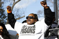 Gladys Scott leads a chant at a prison reform rally outside the Mississippi Capitol in Jackson, Miss., Friday, Jan. 24, 2020. Scott and her sister Jamie Scott, spent 16 years at the Central Mississippi Correctional Facility for a 1993 convenience store robbery. The rally protested dangerous and unhealthy prison conditions within the state prison system. A number o inmates have been killed in violent clashes in recent weeks at those facilities. (AP Photo/Rogelio V. Solis)