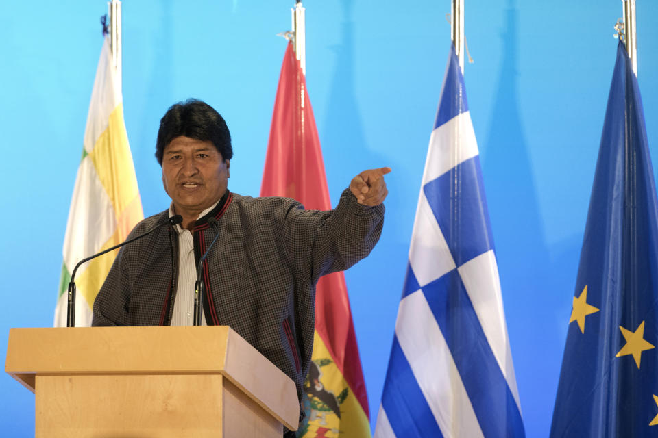 Bolivian President Evo Morales speaks during a conference with Greece's Prime Minister Alexis Tsipras, in Athens, Thursday, March 14, 2019. Morales is in Greece on a two-day official visit. (AP Photo/Petros Giannakouris)