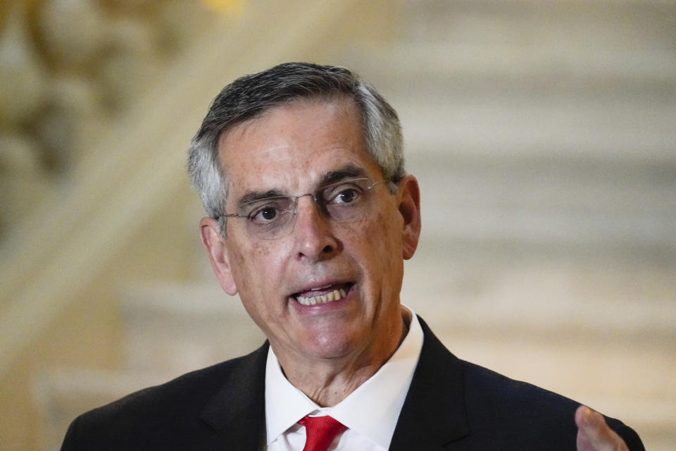 Georgia Secretary of State Brad Raffensperger speaks during a news conference on Monday, Nov. 30, 2020, in Atlanta. (AP Photo/Brynn Anderson)