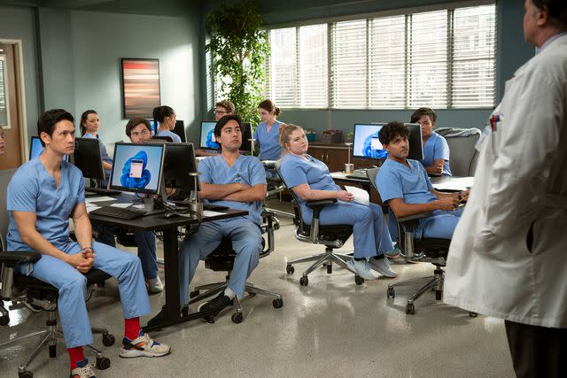 <p>Anne Marie Fox/Disney</p> Harry Shum Jr., Midori Francis, Jake Borelli, Jaicy Elliot, Niko Terho and Alexis Ford on 'Grey's Anatomy'.