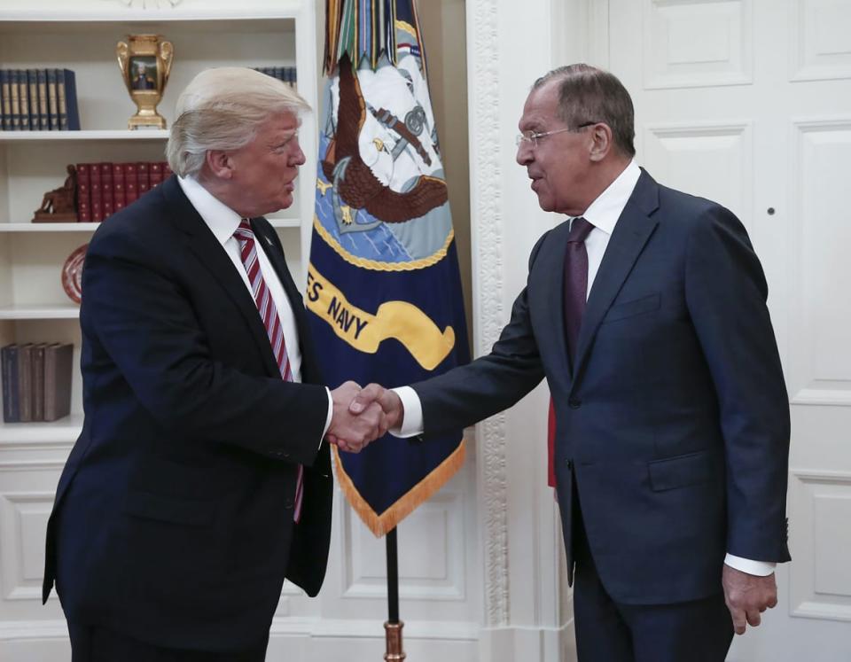 <div class="inline-image__caption"><p>President Donald Trump and Russia's Foreign Minister Sergei Lavrov shake hands as they meet in the Oval Office on May 10, 2017.</p></div> <div class="inline-image__credit">Russia Foreign Minister Press Office/Anadolu Agency/Getty Images</div>