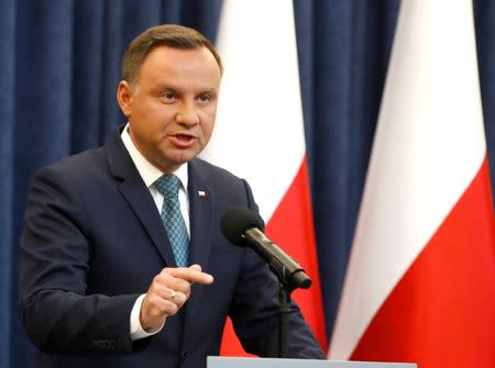 REFILE - CHANGING SLUG Poland's President Andrzej Duda speaks during his media announcement about Supreme Court legislation at Presidential Palace in Warsaw, Poland, July 24, 2017. REUTERS/Kacper Pempel