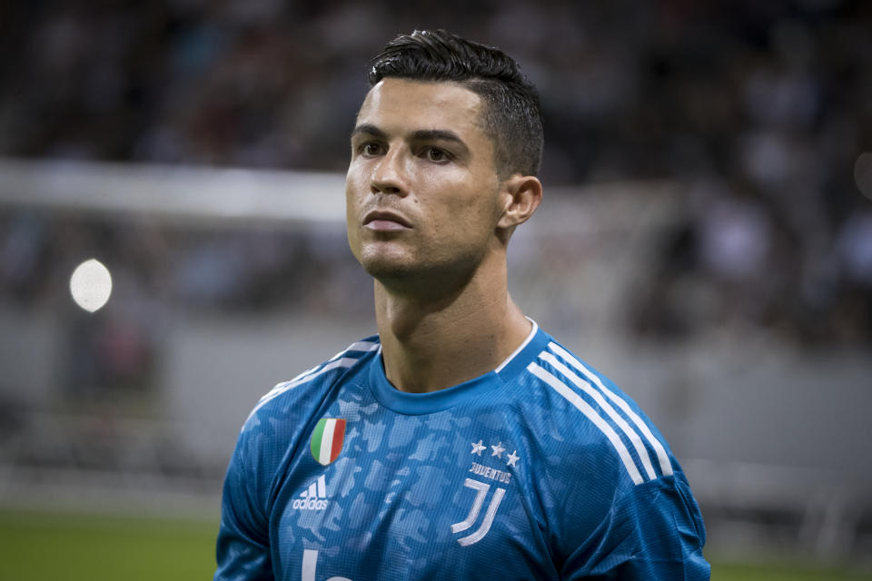 STOCKHOLM, SWEDEN - AUGUST 10: Cristiano Ronaldo #7 of Juventus looks up during the International Champions Cup Friendly match between Atletico de Madrid and Juventus F.C..  The match was held at Friends Arena on August 10, 2019 in the Solna region of Stockholm, Sweden. Atletico de Madrid won the match with a score of 2 to 1.  (Photo by Ira L. Black/Corbis via Getty Images)