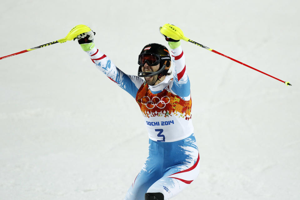 SOCHI, RUSSIA - FEBRUARY 22: (FRANCE OUT) Mario Matt of Austria wins the gold medal during the Alpine Skiing Men's Slalom at the Sochi 2014 Winter Olympic Games at Rosa Khutor Alpine Centre on February 22, 2014 in Sochi, Russia. (Photo by Alexis Boichard/Agence Zoom/Getty Images)