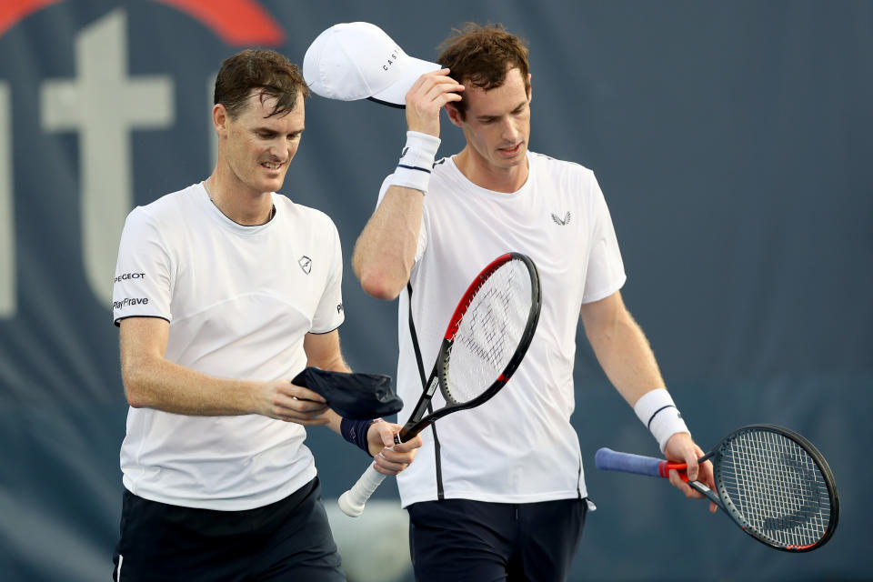 WASHINGTON, DC - AUGUST 02: Andy Murray (R) and his brother Jamie Murray of Great Britain after losing in their doubles match against Raven Klaasen of Russia and Michael Venus of New Zealand during Day 5 of the Citi Open at Rock Creek Tennis Center on August 02, 2019 in Washington, DC. (Photo by Rob Carr/Getty Images)