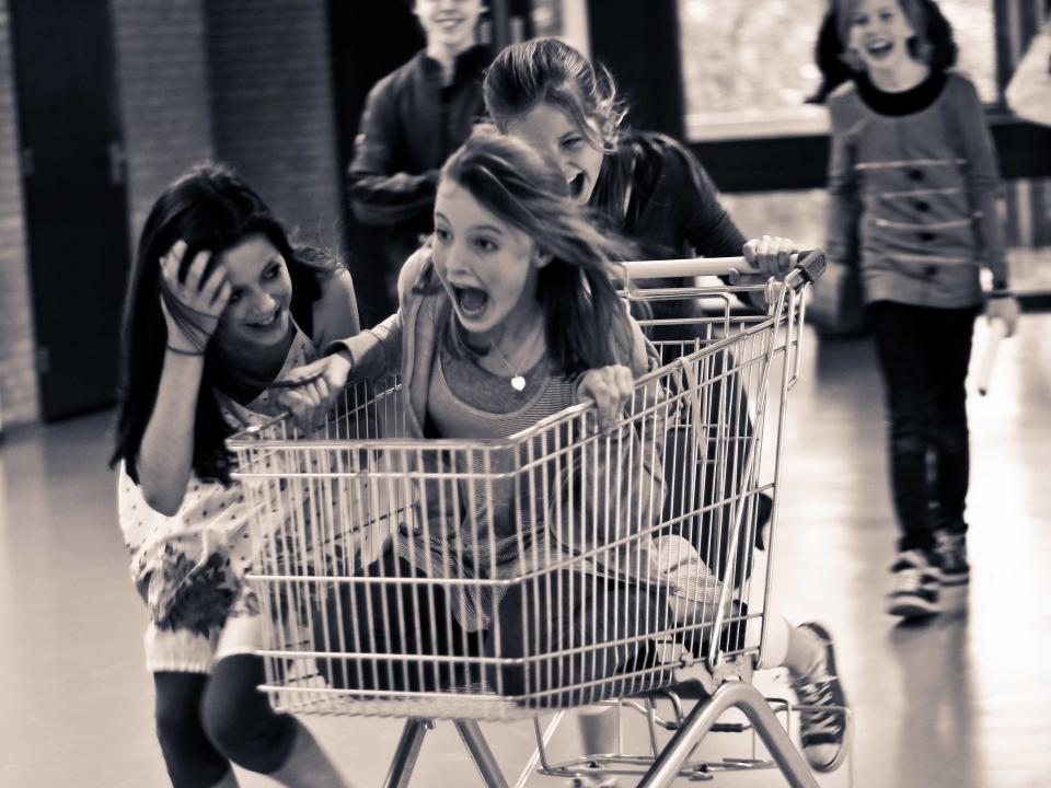 shopping cart, grocery cart, teenagers