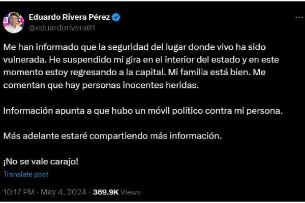 tuit de eduardo rivera, candidato a la gubernatura de puebla