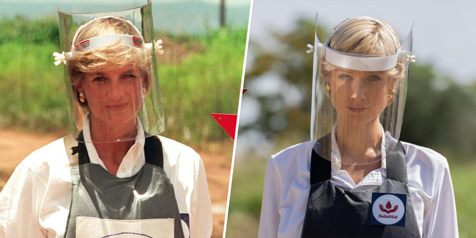 (Left) Diana, Princess of Wales, walks with body armor and a visor on the minefields during a visit to Huambo, Angola in 1997. (Right) Elizabeth Debicki portraying Diana in Season Six. (Netflix, Getty Images)