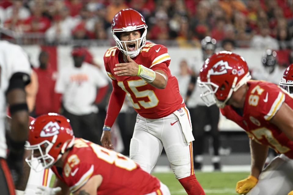 Kansas City Chiefs quarterback Patrick Mahomes (15) calls a play during the first half of an NFL football game against the Tampa Bay Buccaneers Sunday, Oct. 2, 2022, in Tampa, Fla. (AP Photo/Jason Behnken)
