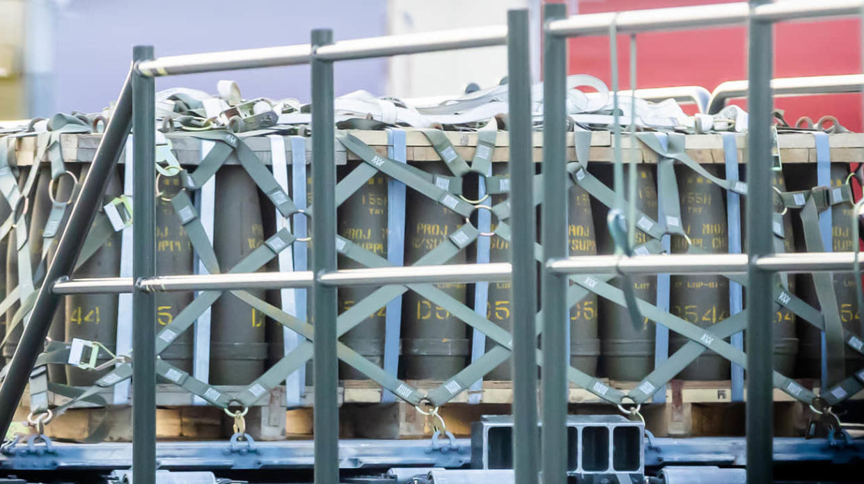 Artillery ammunition loaded on a cargo plane. Stock photo: Getty Images