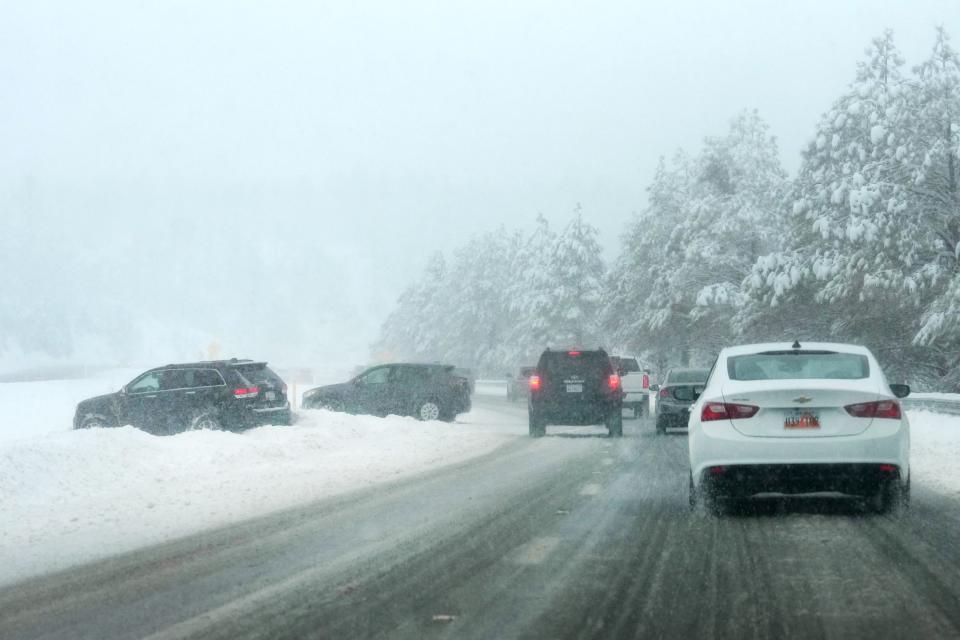 Road conditions left cars scattered off I-17 south of Flagstaff as a heavy snowstorm gripped the area on Monday, Jan. 16, 2023.