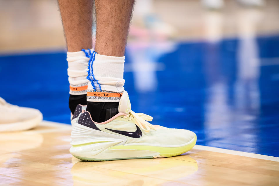 Oct 17, 2023; Oklahoma City, Oklahoma, USA; A detail view of Oklahoma City Thunder forward Chet Holmgren (7) shoes during the game against the Milwaukee Bucks at Paycom Center. Mandatory Credit: Rob Ferguson-USA TODAY Sports