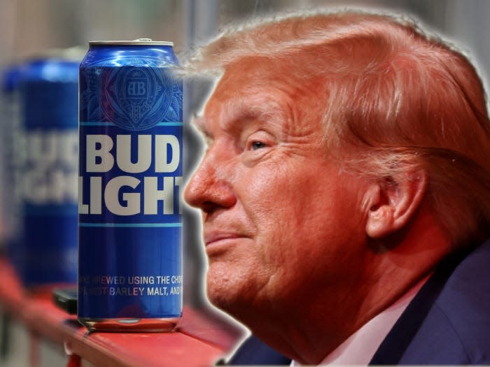 Former President Donald Trump in front of Bud Light cans in an edited photo.