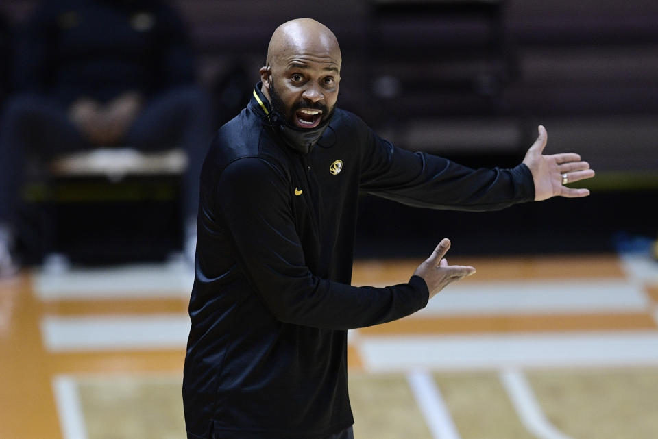 Missouri coach Cuonzo Martin yells during the team's NCAA college basketball game against Tennessee on Saturday, Jan. 23, 2021, in Knoxville, Tenn. (Calvin Mattheis/Knoxville New-Sentinel via AP, Pool)