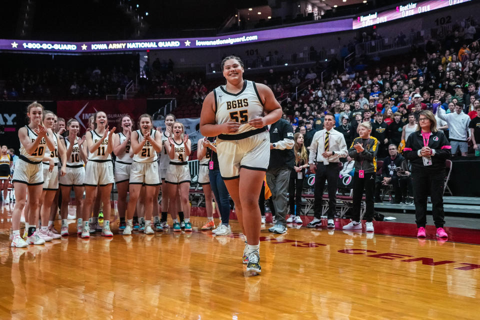 Bishop Garrigan senior Audi Crooks (55) broke a Class 1A single game state tournament scoring mark with 42 points in a win over Martensdale-St. Marys on Wednesday at Wells-Fargo Arena.