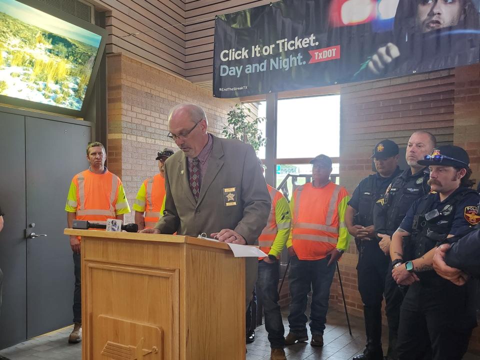 Local law enforcement attend the Click It or Ticket campaign kick off Thursday morning at the Texas Travel Information Center, located at 9700 East I-40, where roadway officials will work to reduce seatbelt related traffic accidents and fatalities.