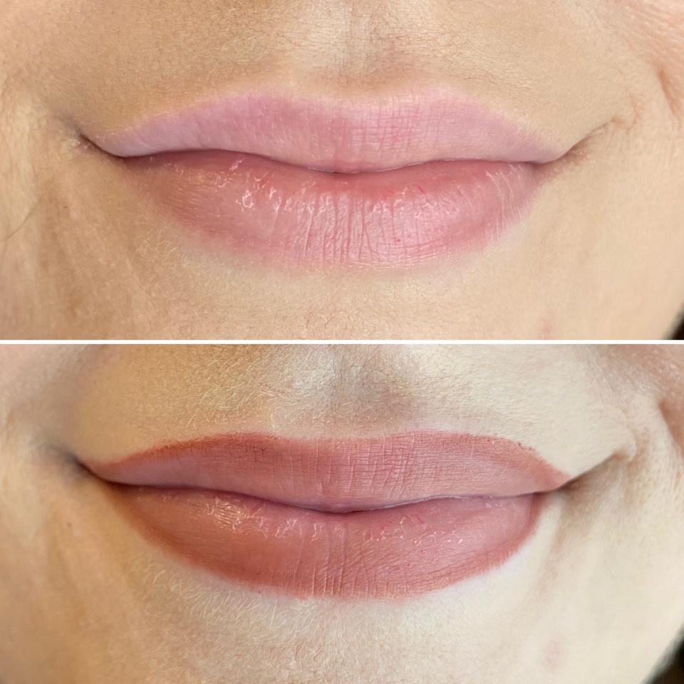 My lips without liner (top) and my lips with Rare Beauty's lip liner (bottom).