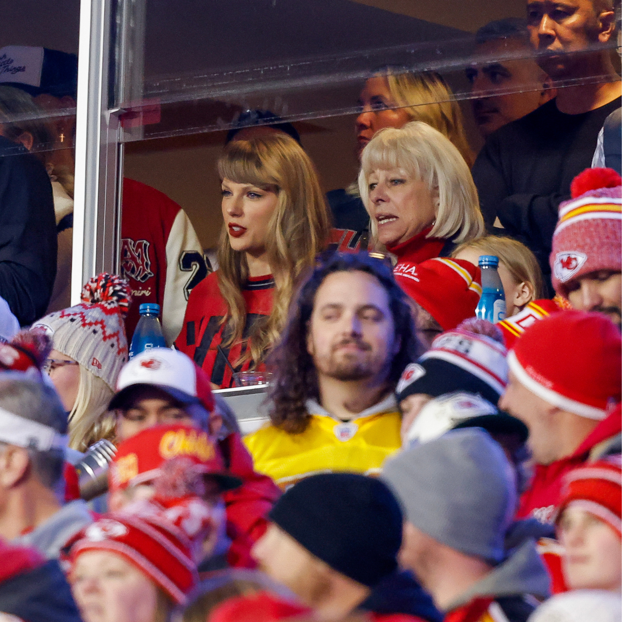  Taylor Swift reacts with Donna Kelce during the game between the Buffalo Bills and the Kansas City Chiefs at GEHA Field at Arrowhead Stadium on December 10, 2023 in Kansas City, Missouri. 