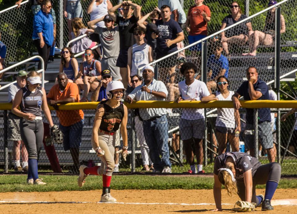 Tappan Zee's Gianna Cilenti reacts to being called safe during her walk-off game-winning hit. Tappan Zee defeated Hen Hud, 3-2, in nine innings during the Section 1 Class A championship game at North Rockland High School on May 29, 2022.