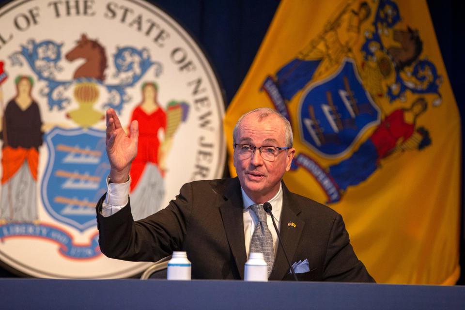 Governor Phil Murphy announces that masks will no longer be mandated for students, staff, or visitors in schools and childcare centers effective March 7 during a coronavirus briefing inside the George Washington Ballroom at the Trenton War Memorial in Trenton, NJ Monday, February 7, 2022. 