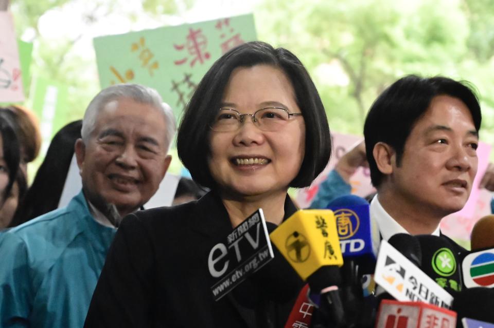 Taiwan's President Tsai Ing-wen (C) speaks after registering as a presidential candidate outside the Central Elections Committee in Taipei on November 19, 2019. - Taiwan will elect a new president and parliament on January 11. (Photo by Sam Yeh / AFP) (Photo by SAM YEH/AFP via Getty Images)