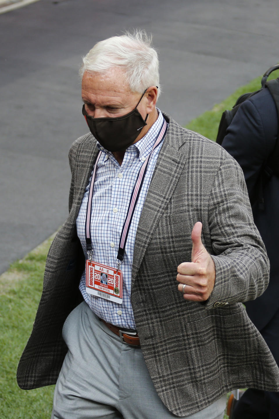 Cleveland Browns owner Jimmy Haslam gives a thumbs up after the Browns defeated the Washington Football Team 34-20 in an NFL football game, Sunday, Sept. 27, 2020, in Cleveland. (AP Photo/Ron Schwane)