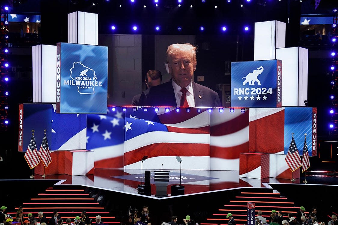 Former President Donald Trump is seen backstage during the first day of the Republican National Convention. The RNC kicked off the first day of the convention with the roll call vote of the states.