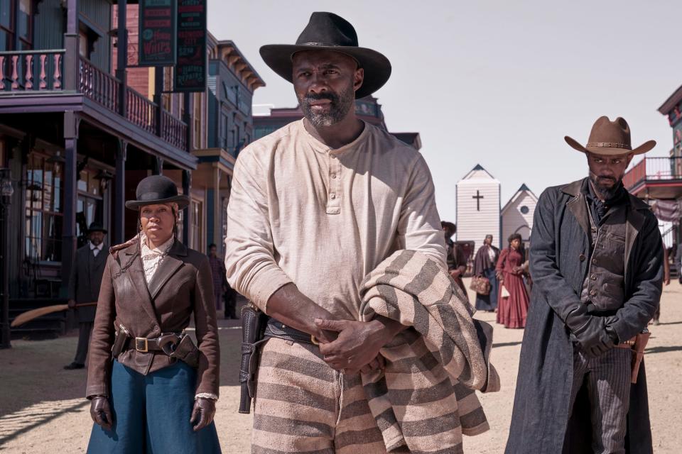 A picture of Idris Elba, Regina King, and LaKeith Stanfield in Netflix's "The Harder They Fall."