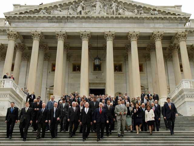 <p>Chip Somodevilla/Getty</p> Republicans from the House and Senate walk down the East Front steps outside the House of Representatives for news conference at the U.S. Capitol in 2009