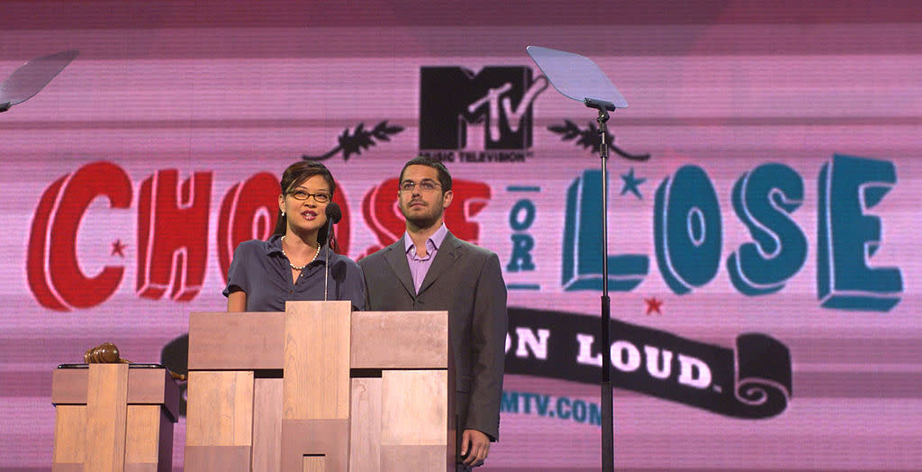 MTV News journalists SuChin Pak and Gideon Yago make presentations on Aug. 31, 2004 at the Republican National Convention in New York. (Photo: Daniel Acker/Bloomberg News)