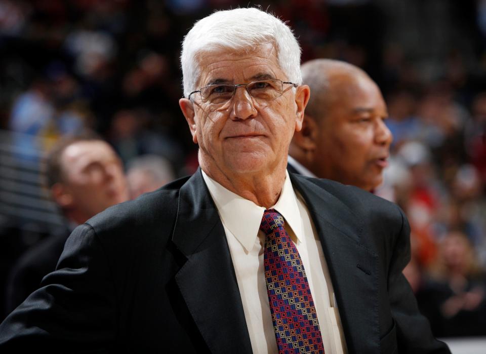 FILE - In this Nov. 23, 2008, file photo, Chicago Bulls assistant coach Del Harris looks on during the first quarter of an NBA basketball game against the Denver Nuggets in Denver. Harris was revealed Friday, Oct. 2, 2020, as this year's winner of the Chuck Daly Lifetime Achievement Award, as presented by the National Basketball Coaches Association. Harris coached in the NBA for 32 seasons, 14 of them as a head coach with Houston, Milwaukee and the Los Angeles Lakers.