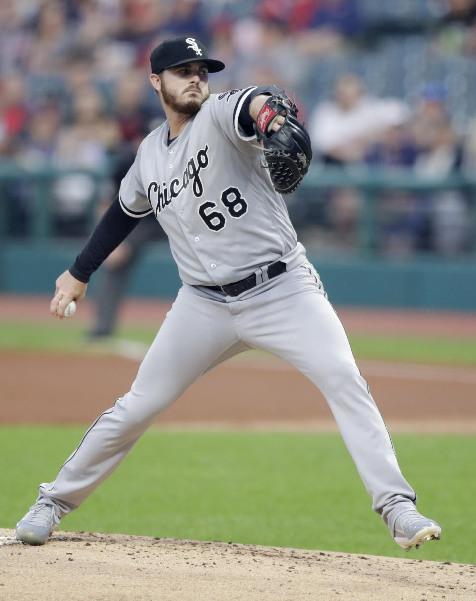 Chicago White Sox starting pitcher Dylan Covey delivers in the first inning of a baseball game against the Cleveland Indians, Wednesday, Sept. 19, 2018, in Cleveland. (AP Photo/Tony Dejak)