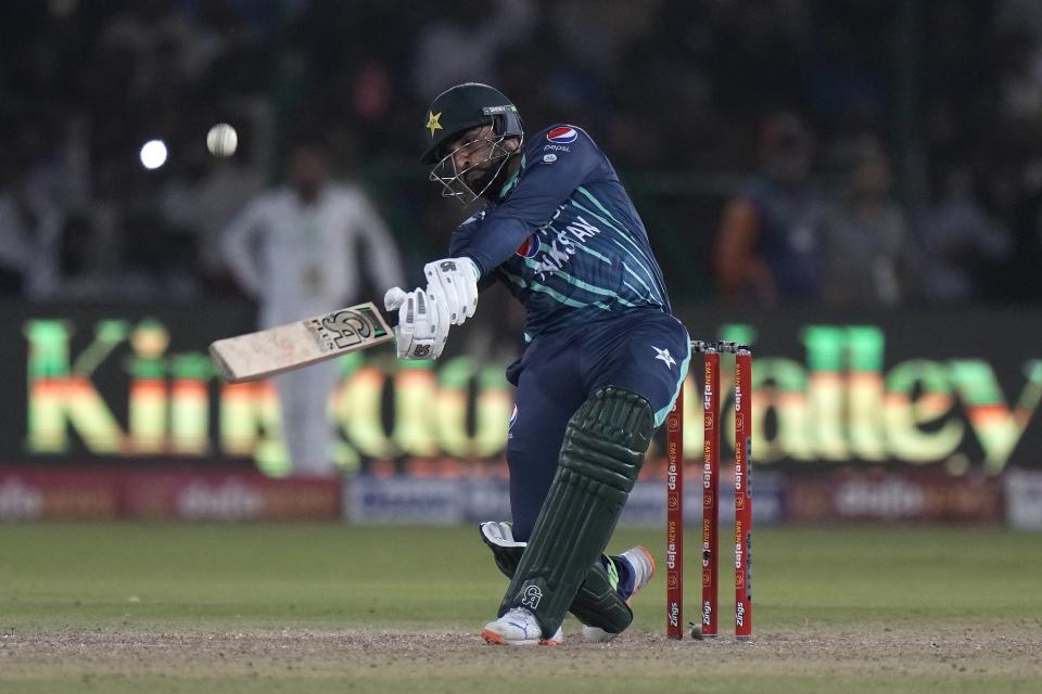 Pakistan's Asif Ali bats during the fourth twenty20 cricket match between Pakistan and England, in Karachi, Pakistan, Sunday, Sept. 25, 2022. (AP Photo/Anjum Naveed)