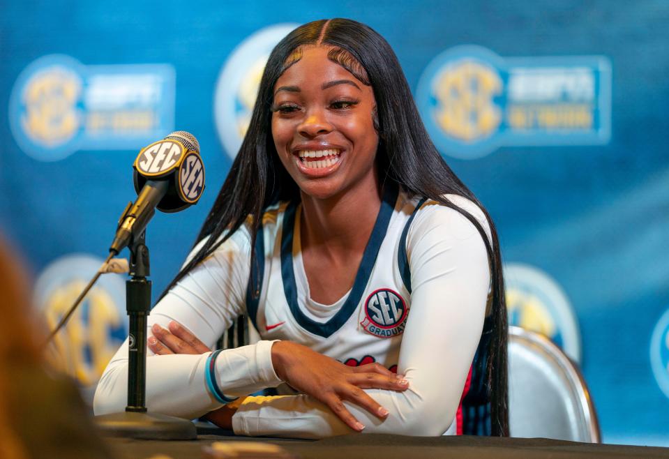 Ole Miss Rebels player Myah Taylor speaks to the media at the SEC Media days on Oct. 18, 2022 in Mountain Brook, Alabama.