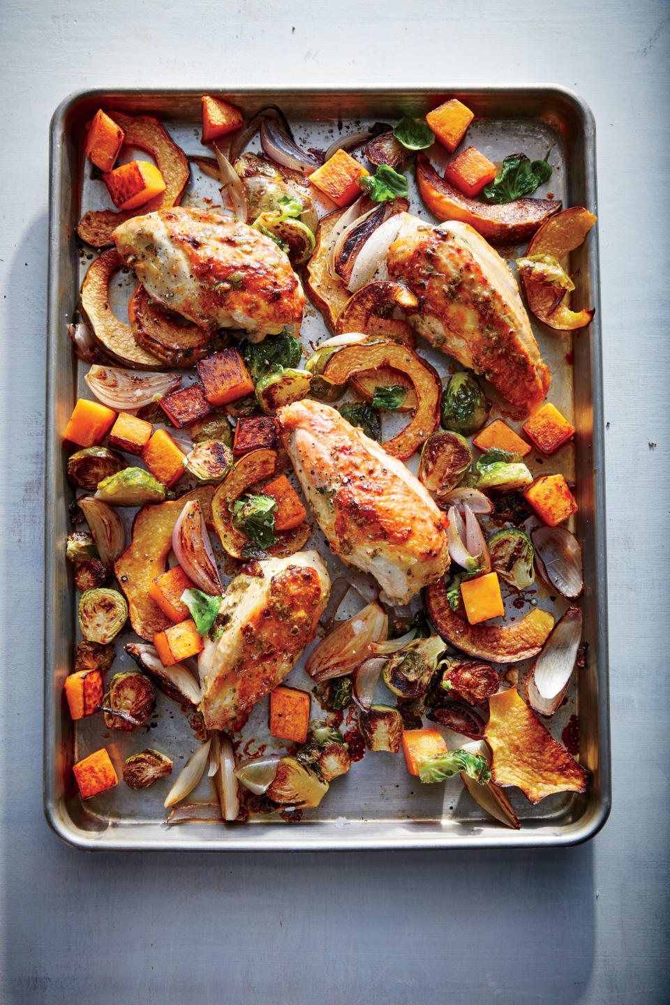 Maple-Mustard Roasted Chicken with Squash and Brussels Sprouts