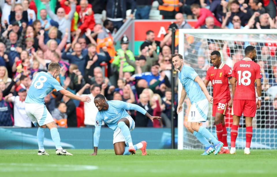 Callum Hudson-Odoi of Nottingham Forest celebrates scoring against Liverpool (Getty Images)