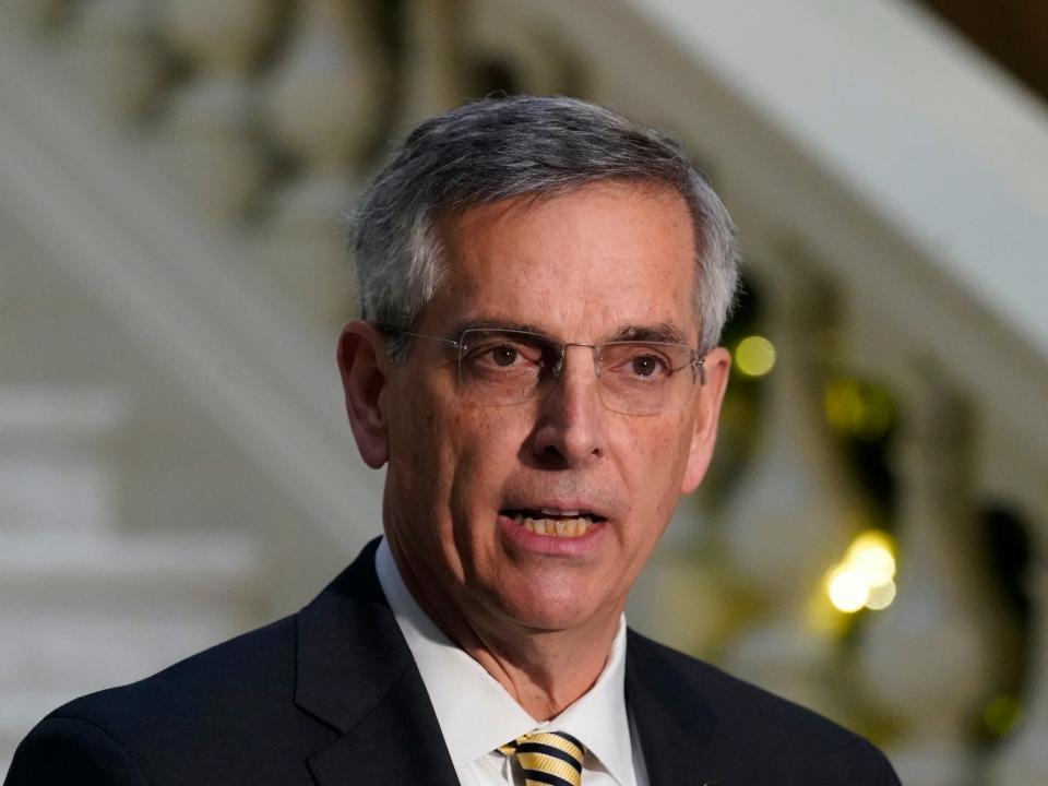 Georgia Secretary of State Brad Raffensperger speaks during a presser Monday, Dec. 14, 2020, in Atlanta