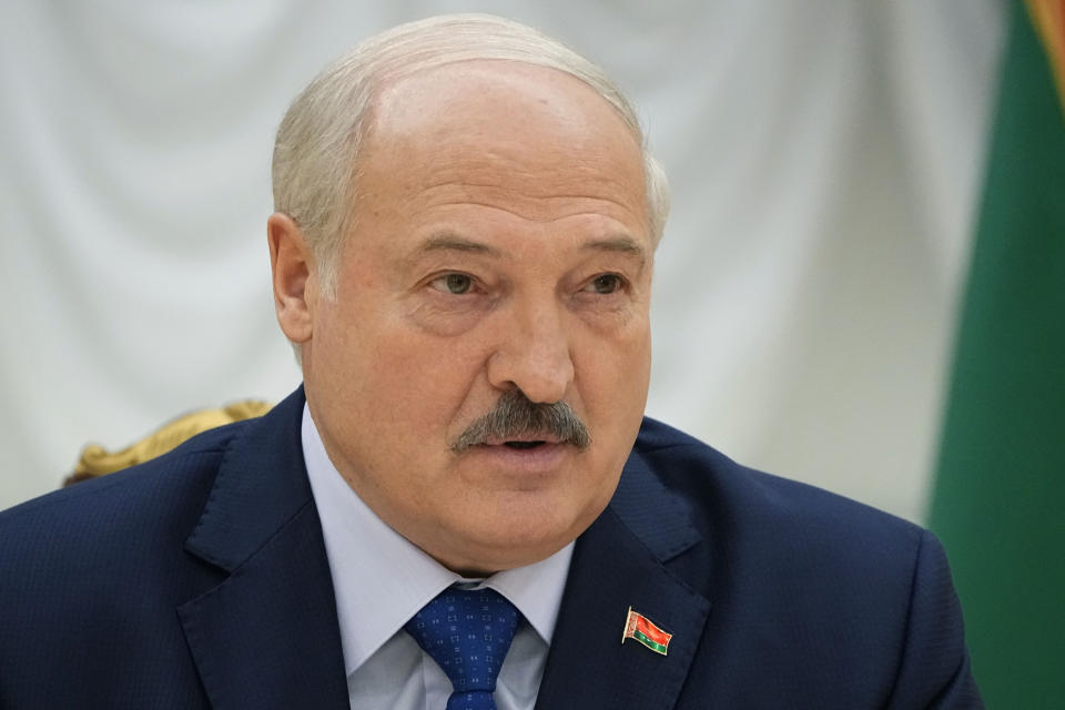 Belarusian President Alexander Lukashenko speaks during his meeting with foreign correspondents, in Minsk, Belarus, Thursday, July 6, 2023. (AP Photo/Alexander Zemlianichenko)