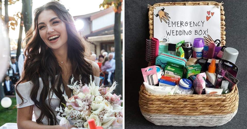 L: A smiling bride at her wedding. R: A wedding toiletry emergency box