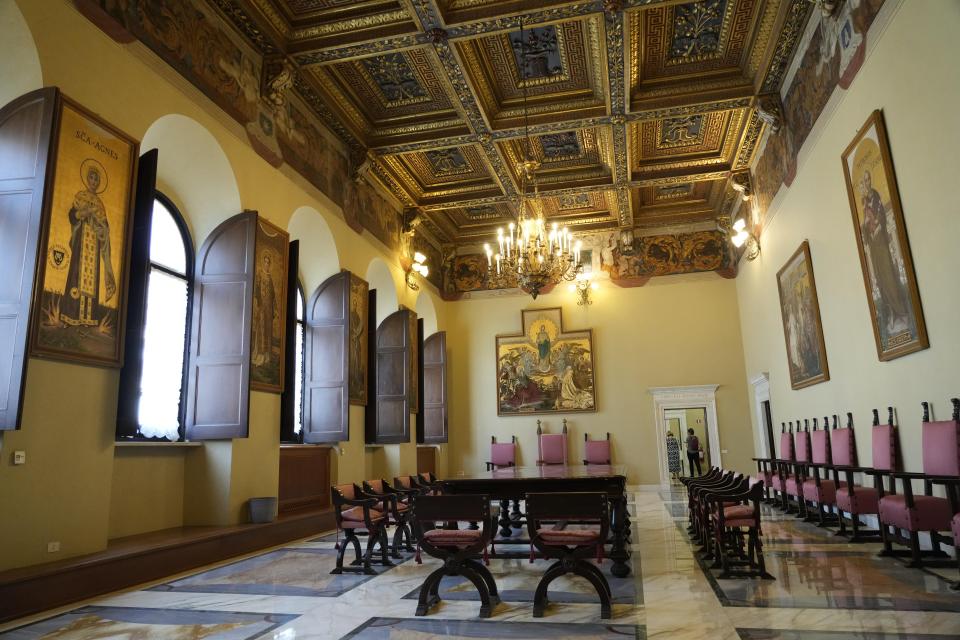 A hall of Palazzo della Cancelleria a renaissance building in the center of Rome that holds the Vatican supreme court, Tuesday, Sept. 12, 2023. The Vatican on Tuesday opened the doors to one of Renaissance Rome’s most spectacular palazzos that is normally hidden from public view since it houses some of the Holy See’s most secretive offices: the ecclesial tribunals that decide everything from marriage annulments to plenary indulgences. (AP Photo/Gregorio Borgia)