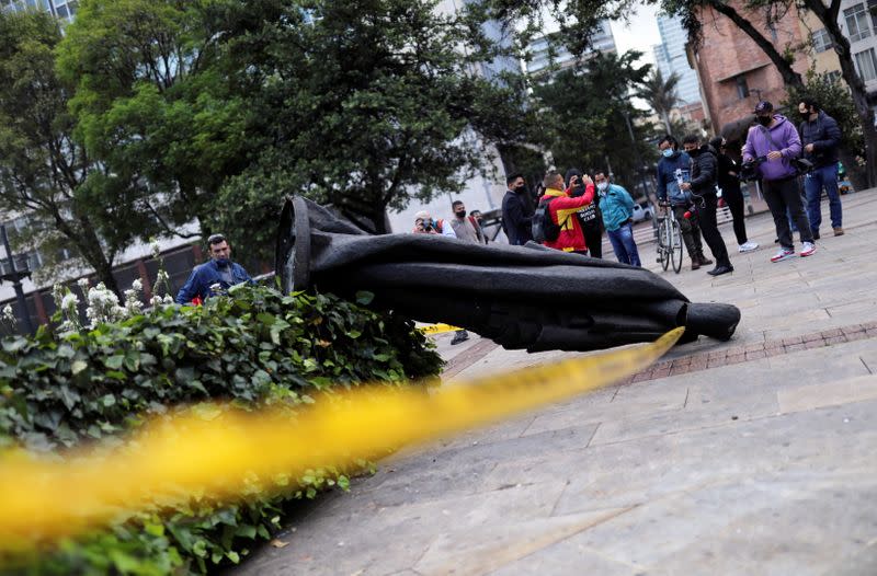 Demolished statue of Spanish conqueror Gonzalo Jimenez de Quesada is pictured in Bogota