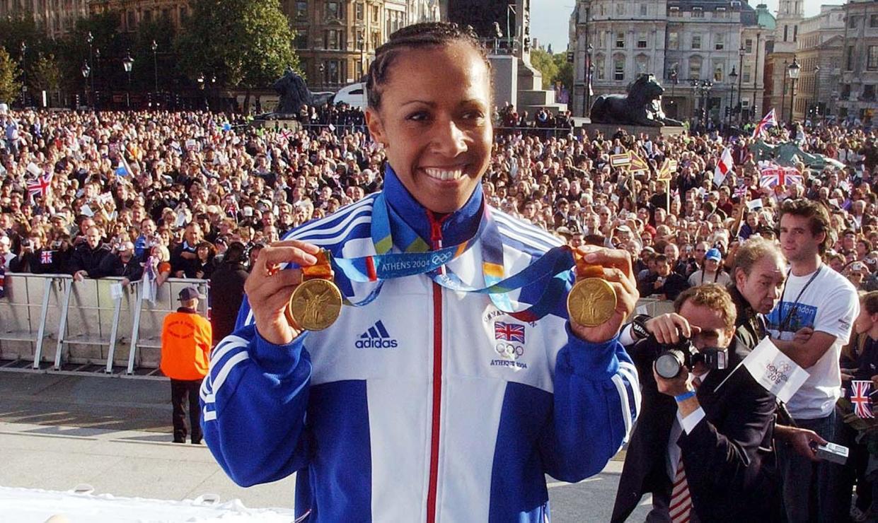 Kelly Holmes, Olympic double gold medallist for the Athletics women's 800metres and 1500metres during the victory parade in Trafalgar Square, London. The summer Olympics was Britain's best team performance since 1924. The parade will also champion London's hopes of hosting the 2012 Games.   (Photo by Sean Dempsey - PA Images/PA Images via Getty Images)