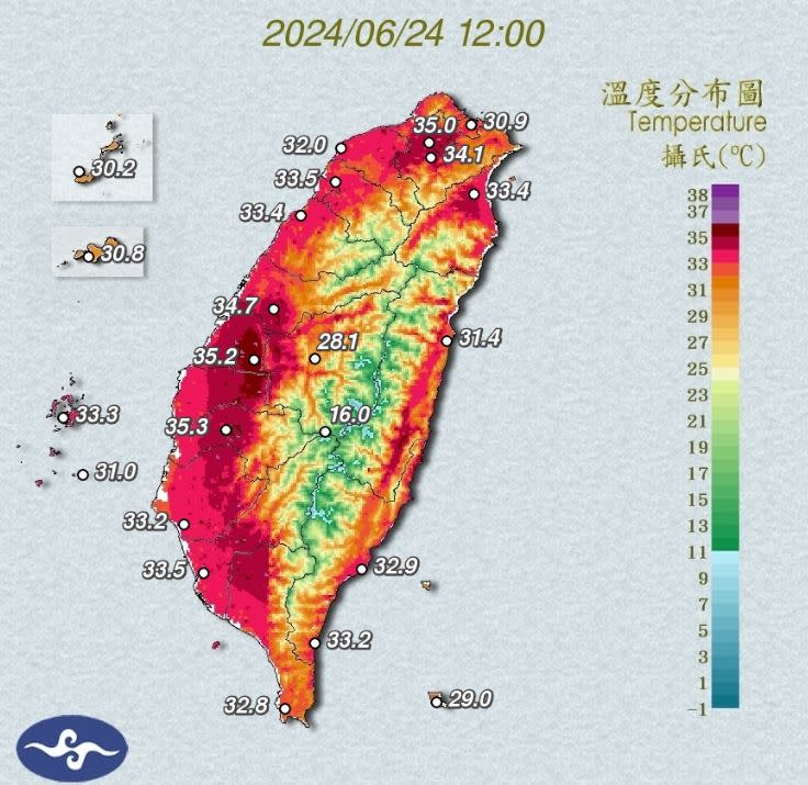 昨日中午12時氣溫飆高，全台紅通通。（圖／翻攝自中央氣象署）