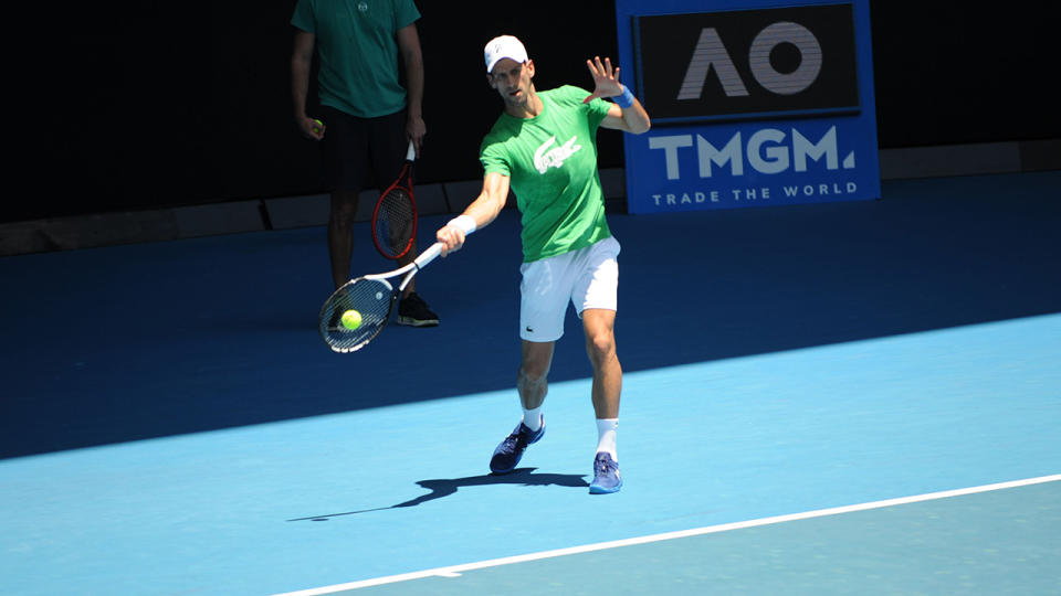 Novak Djokovic, pictured here training at Rod Laver Arena in Melbourne ahead of the Australian Open.